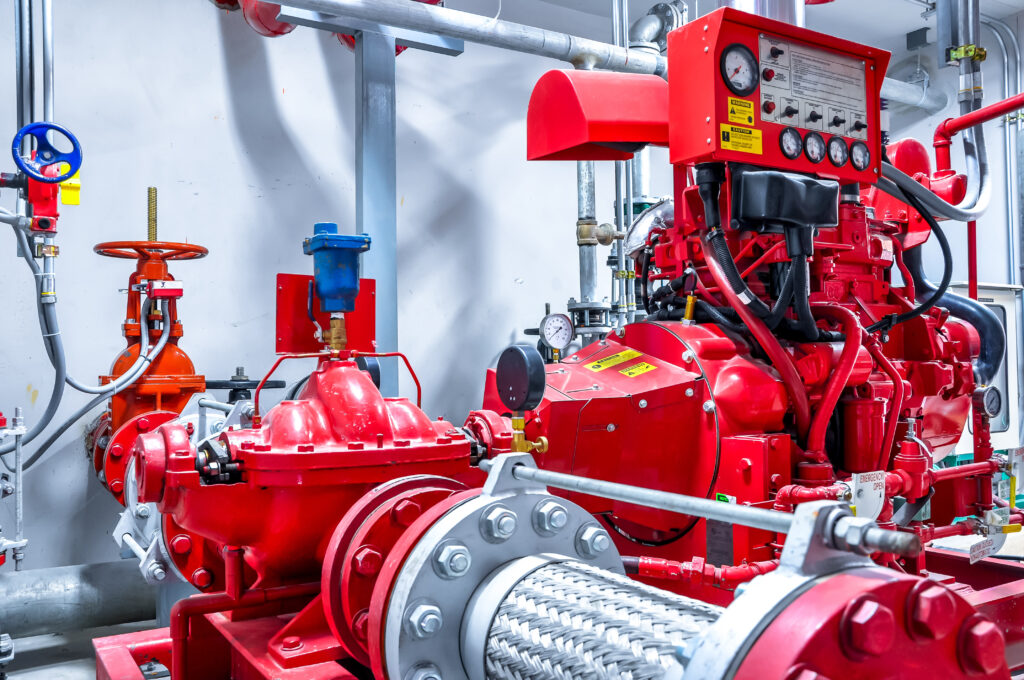 Diesel,Generator,For,Fire,Control,System,Red,Piping,And,Valve